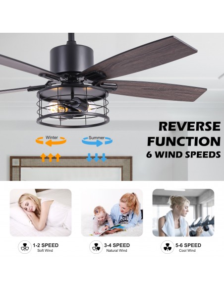 46" Black Modern Ceiling Fan with Light and Remote, 6-Speed Quiet DC Motor for Living Room, Bedroom