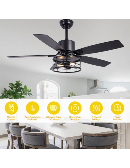 46" Black Modern Ceiling Fan with Light and Remote, 6-Speed Quiet DC Motor for Living Room, Bedroom