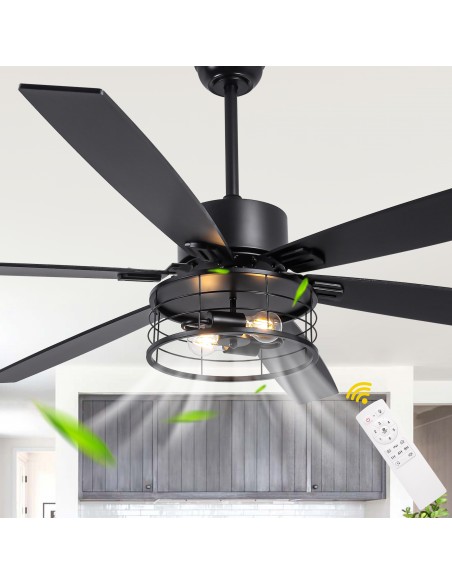65"Black Modern Ceiling Fan with Light and Remote, 6-Speed Quiet DC Motor for Large Room