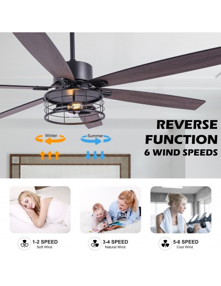 65"Black Modern Ceiling Fan with Light and Remote, 6-Speed Quiet DC Motor for Large Room
