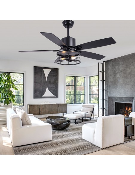 46" Black Modern Ceiling Fan with Light and Remote, 6-Speed Quiet DC Motor for Living Room, Bedroom