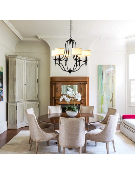 30” 6-Light Black Chandelier with Fabric Shades, Industrial Farmhouse Pendant Light with Adjustable Chain