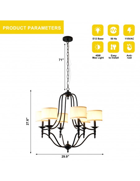 30” 6-Light Black Chandelier with Fabric Shades, Industrial Farmhouse Pendant Light with Adjustable Chain