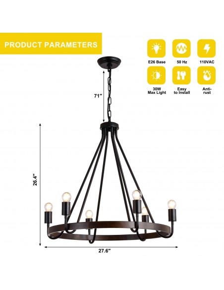 27" Matte Black 6-Light Farmhouse Candle-Style Wagon Wheel Chandelier, Adjustable Rustic Pendant Light