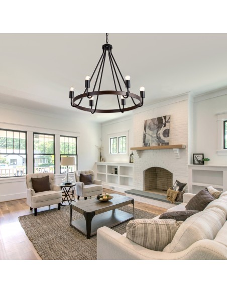 27" Matte Black 6-Light Farmhouse Candle-Style Wagon Wheel Chandelier, Adjustable Rustic Pendant Light