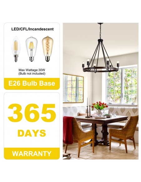 27" Matte Black 6-Light Farmhouse Candle-Style Wagon Wheel Chandelier, Adjustable Rustic Pendant Light