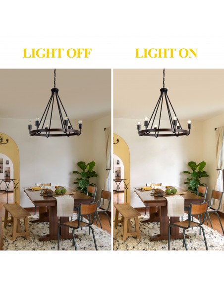 27" Matte Black 6-Light Farmhouse Candle-Style Wagon Wheel Chandelier, Adjustable Rustic Pendant Light