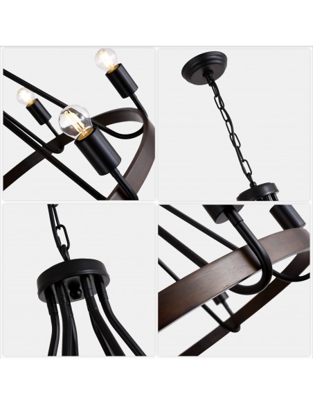 27" Matte Black 6-Light Farmhouse Candle-Style Wagon Wheel Chandelier, Adjustable Rustic Pendant Light