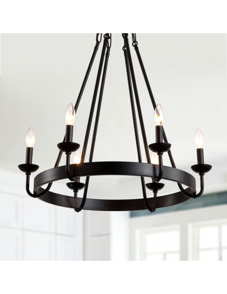 25" Matte Black 6-Light Farmhouse Candle-Style Wagon Wheel Chandelier, Adjustable Rustic Pendant Light