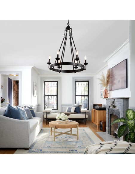 25" Matte Black 6-Light Farmhouse Candle-Style Wagon Wheel Chandelier, Adjustable Rustic Pendant Light