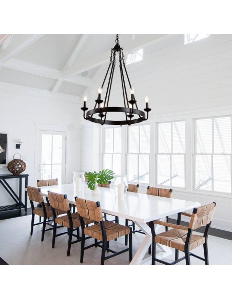 25" Matte Black 6-Light Farmhouse Candle-Style Wagon Wheel Chandelier, Adjustable Rustic Pendant Light