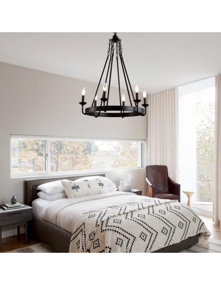 25" Matte Black 6-Light Farmhouse Candle-Style Wagon Wheel Chandelier, Adjustable Rustic Pendant Light