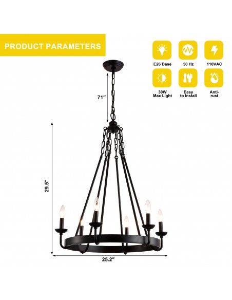 25" Matte Black 6-Light Farmhouse Candle-Style Wagon Wheel Chandelier, Adjustable Rustic Pendant Light