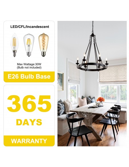 25" Matte Black 6-Light Farmhouse Candle-Style Wagon Wheel Chandelier, Adjustable Rustic Pendant Light