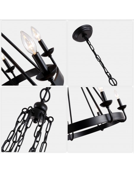 25" Matte Black 6-Light Farmhouse Candle-Style Wagon Wheel Chandelier, Adjustable Rustic Pendant Light