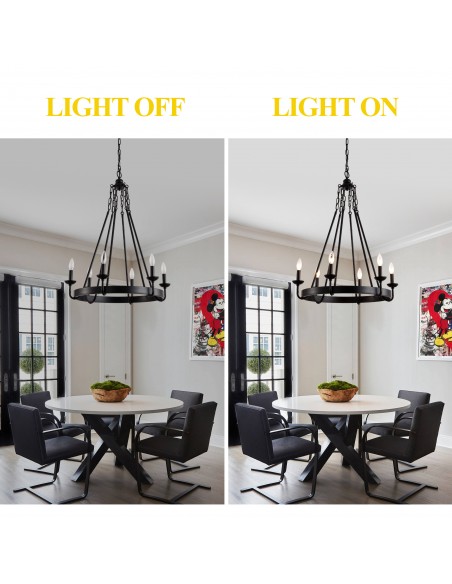 25" Matte Black 6-Light Farmhouse Candle-Style Wagon Wheel Chandelier, Adjustable Rustic Pendant Light