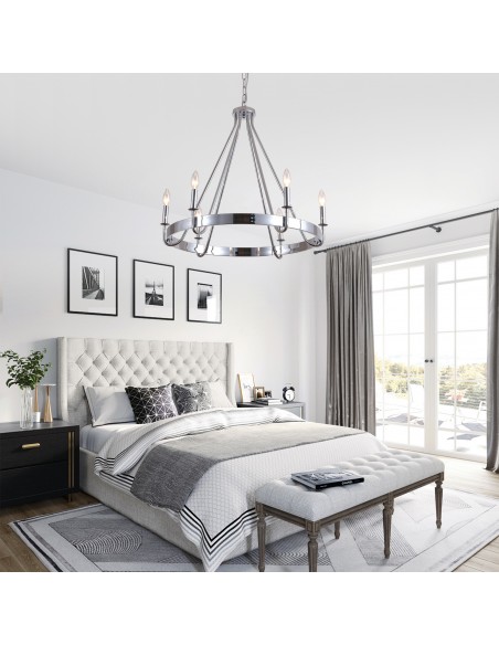 28" Chrome Wagon Wheel Chandelier with 6 Lights, Adjustable Height Rustic Industrial Ceiling Light with Candle Style Bulbs