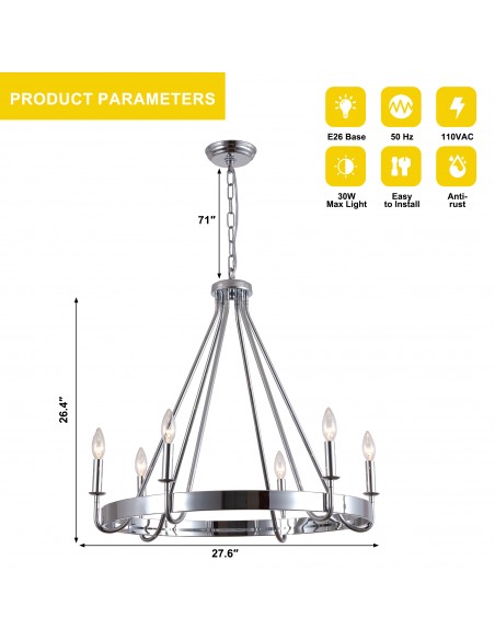 28" Chrome Wagon Wheel Chandelier with 6 Lights, Adjustable Height Rustic Industrial Ceiling Light with Candle Style Bulbs