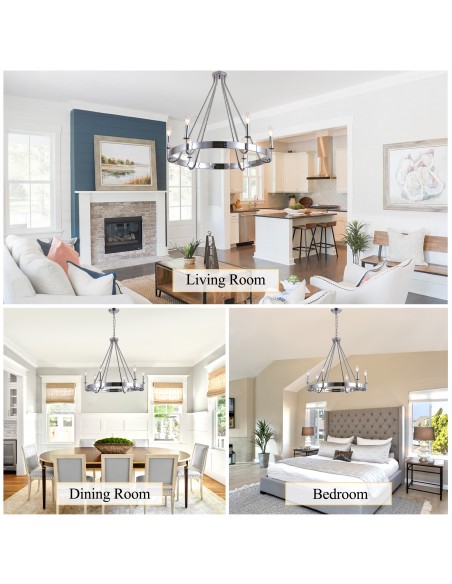 28" Chrome Wagon Wheel Chandelier with 6 Lights, Adjustable Height Rustic Industrial Ceiling Light with Candle Style Bulbs