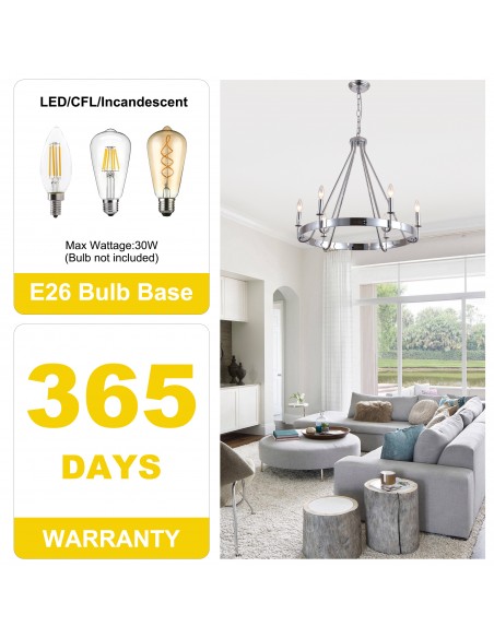 28" Chrome Wagon Wheel Chandelier with 6 Lights, Adjustable Height Rustic Industrial Ceiling Light with Candle Style Bulbs