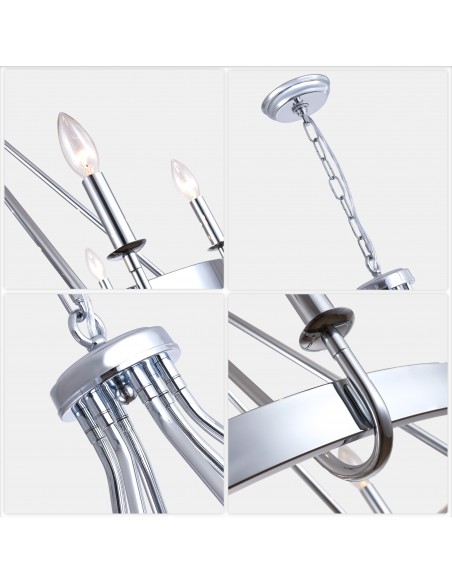 28" Chrome Wagon Wheel Chandelier with 6 Lights, Adjustable Height Rustic Industrial Ceiling Light with Candle Style Bulbs