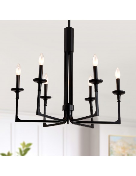 27" Black Farmhouse Wagon Wheel Chandelier, 6-Light Candle Style Pendant Light with Adjustable Height