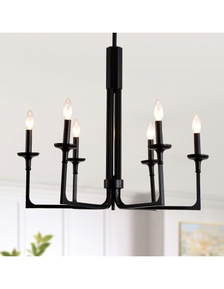 27" Black Farmhouse Wagon Wheel Chandelier, 6-Light Candle Style Pendant Light with Adjustable Height