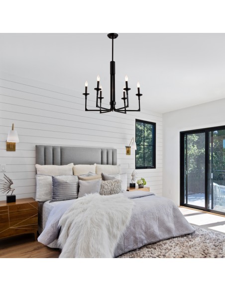 27" Black Farmhouse Wagon Wheel Chandelier, 6-Light Candle Style Pendant Light with Adjustable Height