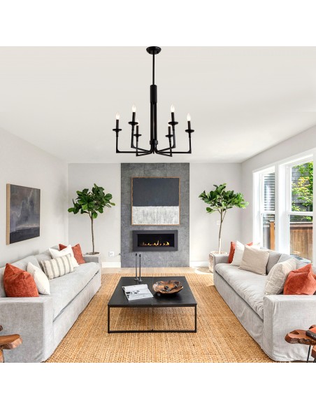 27" Black Farmhouse Wagon Wheel Chandelier, 6-Light Candle Style Pendant Light with Adjustable Height