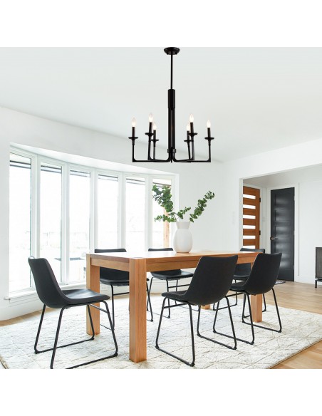 27" Black Farmhouse Wagon Wheel Chandelier, 6-Light Candle Style Pendant Light with Adjustable Height