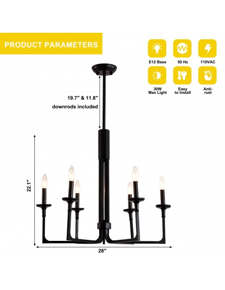 27" Black Farmhouse Wagon Wheel Chandelier, 6-Light Candle Style Pendant Light with Adjustable Height