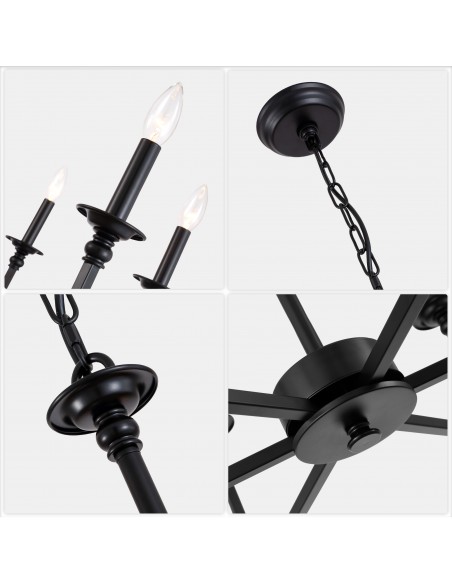 28" Black Wagon Wheel Chandelier with 6 Lights, Industrial Rustic Ceiling Light Fixture with Adjustable Height