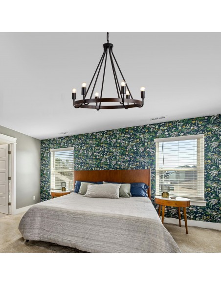 27" Matte Black 6-Light Farmhouse Candle-Style Wagon Wheel Chandelier, Adjustable Rustic Pendant Light