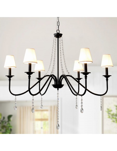 Oaks Aura35" 6-Light Black Modern Crystal Chandelier with Fabric Shades, Industrial Farohouse Pendant Light for Living Room