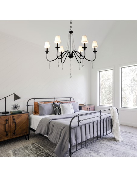 Oaks Aura35" 6-Light Black Modern Crystal Chandelier with Fabric Shades, Industrial Farohouse Pendant Light for Living Room