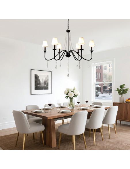 Oaks Aura35" 6-Light Black Modern Crystal Chandelier with Fabric Shades, Industrial Farohouse Pendant Light for Living Room