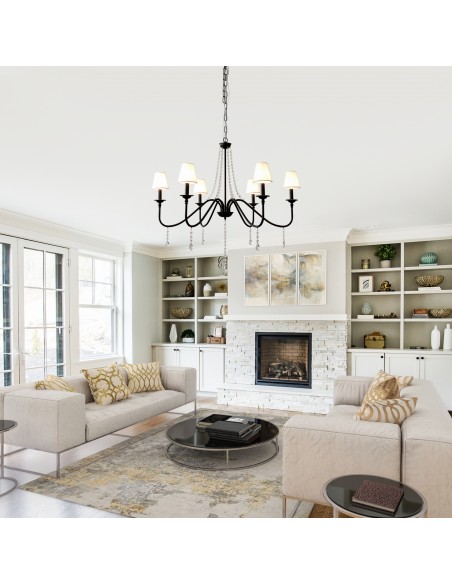 Oaks Aura35" 6-Light Black Modern Crystal Chandelier with Fabric Shades, Industrial Farohouse Pendant Light for Living Room