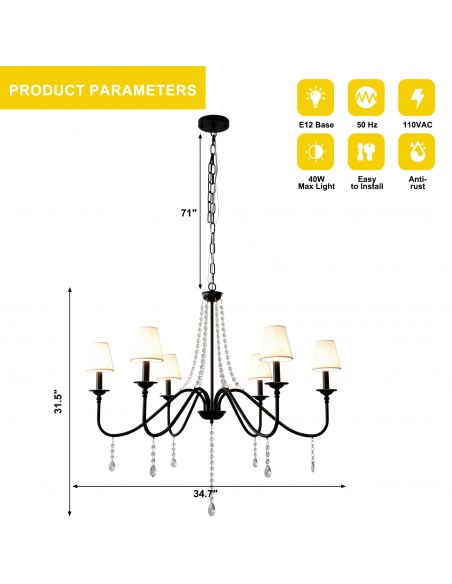 Oaks Aura35" 6-Light Black Modern Crystal Chandelier with Fabric Shades, Industrial Farohouse Pendant Light for Living Room