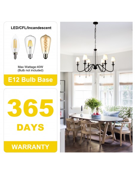 Oaks Aura35" 6-Light Black Modern Crystal Chandelier with Fabric Shades, Industrial Farohouse Pendant Light for Living Room