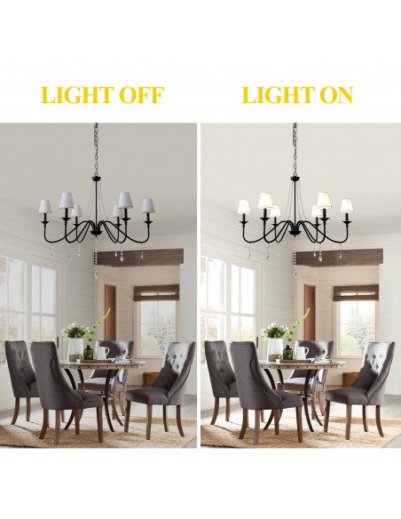 Oaks Aura35" 6-Light Black Modern Crystal Chandelier with Fabric Shades, Industrial Farohouse Pendant Light for Living Room