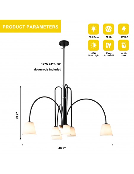 40” Modern 6-Light Chandelier with Fabric Shades, Adjustable Hanging Pendant Light for Living Room