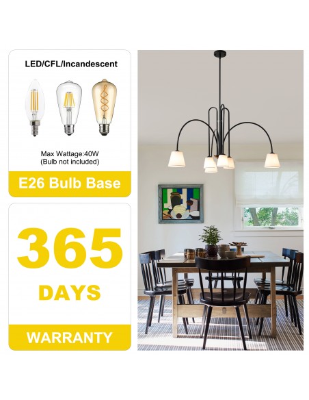 40” Modern 6-Light Chandelier with Fabric Shades, Adjustable Hanging Pendant Light for Living Room