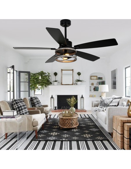 Oaks Aura 52” Black 5-Blade Ceiling Fan with Light and Remote Control, 6-Speed Quiet Motor for Living Room, Bedroom