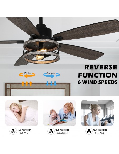 Oaks Aura 52” Black 5-Blade Ceiling Fan with Light and Remote Control, 6-Speed Quiet Motor for Living Room, Bedroom