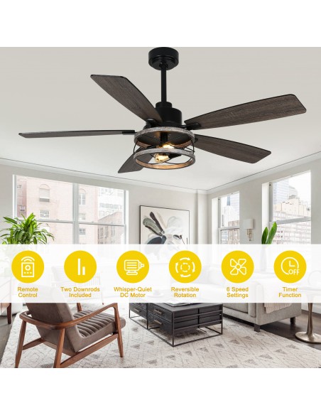 Oaks Aura 52” Black 5-Blade Ceiling Fan with Light and Remote Control, 6-Speed Quiet Motor for Living Room, Bedroom