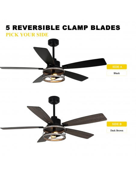 Oaks Aura 52” Black 5-Blade Ceiling Fan with Light and Remote Control, 6-Speed Quiet Motor for Living Room, Bedroom