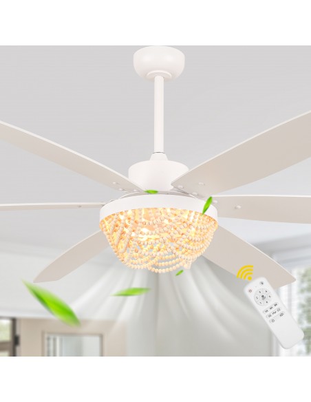 Oaks Aura 65” Boho Wood Bead Ceiling Fan with Light and Remote Control, 6-Speed Quiet DC Motor for Living Room, Bedroom