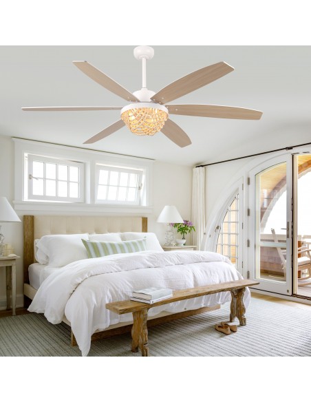 Oaks Aura 65” Boho Wood Bead Ceiling Fan with Light and Remote Control, 6-Speed Quiet DC Motor for Living Room, Bedroom