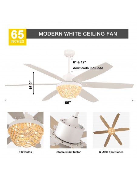 Oaks Aura 65” Boho Wood Bead Ceiling Fan with Light and Remote Control, 6-Speed Quiet DC Motor for Living Room, Bedroom