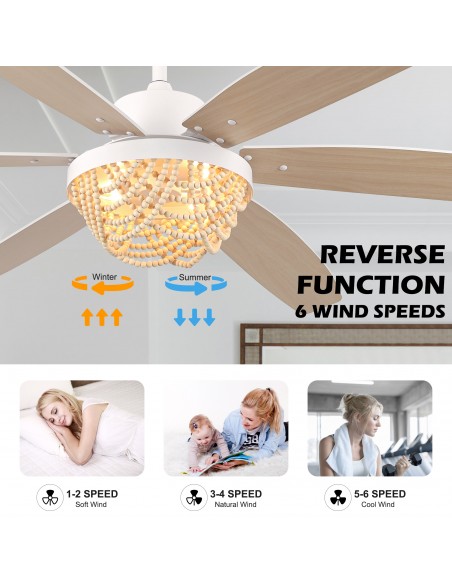 Oaks Aura 65” Boho Wood Bead Ceiling Fan with Light and Remote Control, 6-Speed Quiet DC Motor for Living Room, Bedroom
